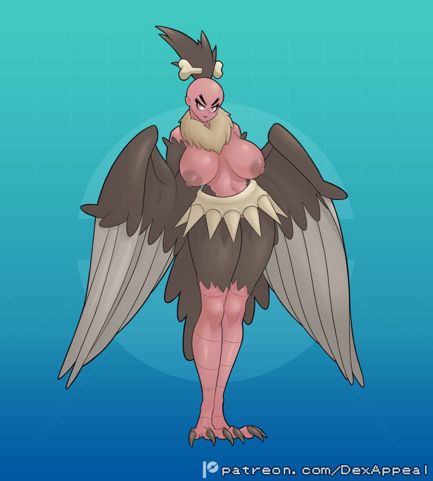 accipitriform animal_humanoid areola avian avian_feet avian_humanoid bird bird_humanoid bone breasts brown_body brown_feathers dex_appeal european_mythology feathered_wings feathers feet female generation_5_pokemon genitals greek_mythology hair harpy hi_res humanoid mandibuzz mane monster_girl_(genre) mythological_avian mythological_creature mythology nintendo nipples nude pokemon pokemon_(species) pokemorph pussy pussy_peek red_eyes simple_background talons toes vulture wings