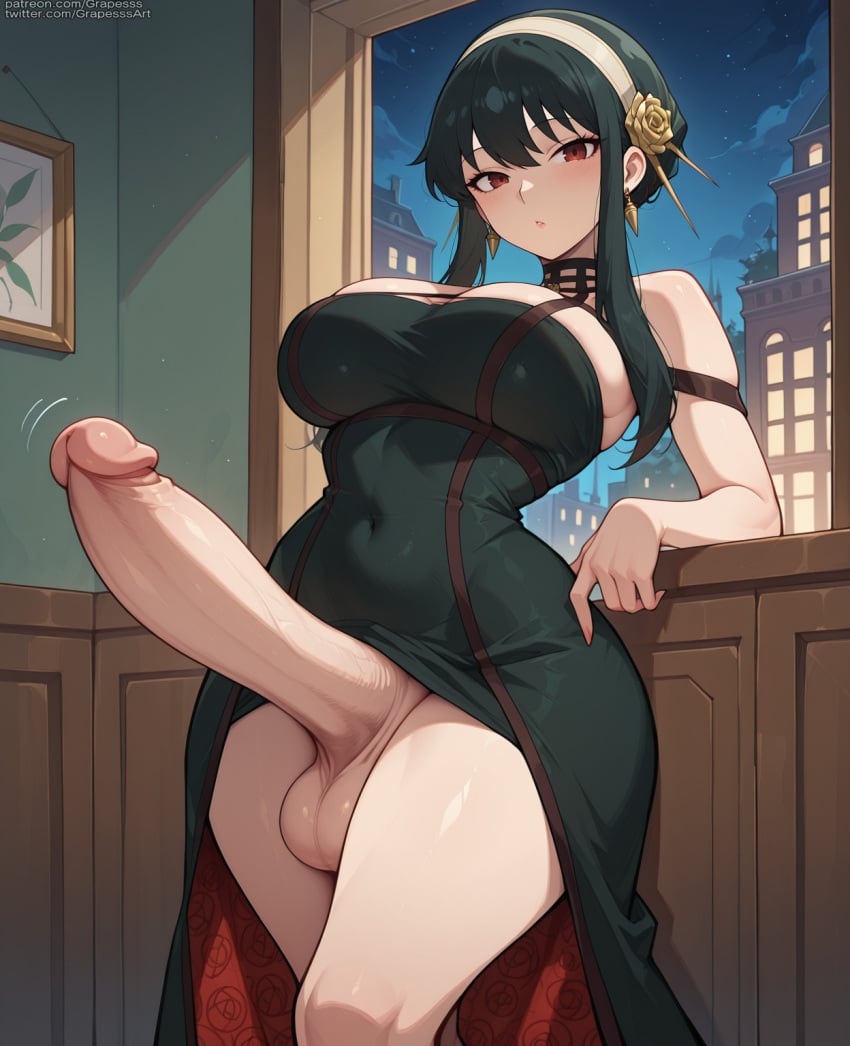 , ai_generated dress, dress_lift erection erection_under_clothes, futanari grapesss intersex light-skinned_futanari spy_x_family yor_briar,