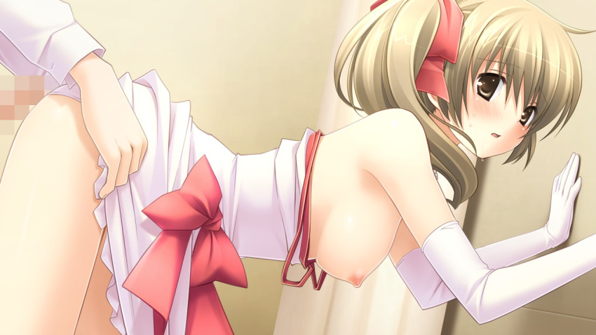 arm_support bent_over blonde_hair blush breasts censored character_request dress elbow_gloves game_cg gloves nipples no_bra panties penis shirt_pull side_ponytail skirt_lift source_request tied_hair twintails underwear white_gloves white_panties with_ribbon