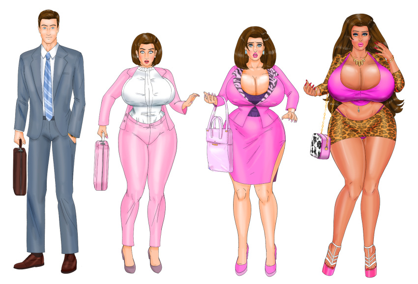 1boy 1girls bimbo bimbofication briefcase brown_hair clothing female footwear gender_transformation handbag huge_breasts human lawyer leopard_print light-skinned_female light-skinned_male light_skin looking_at_viewer looking_pleasured male pink_suit purse rule_63 saturnxart sequence tan-skinned_female tan_skin tanned transformation