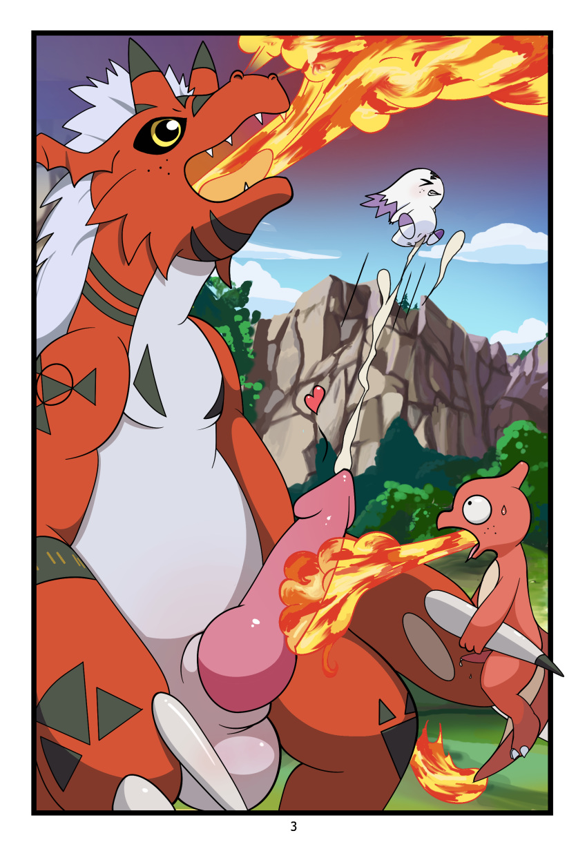 breathing_fire charmeleon color comic crossover culumon day digimon digimon_(species) digimon_tamers fire growlmon interspecies male multiple_males nintendo outdoors pokémon_(species) pokemon size_difference tagme tail tail_fire tricksta