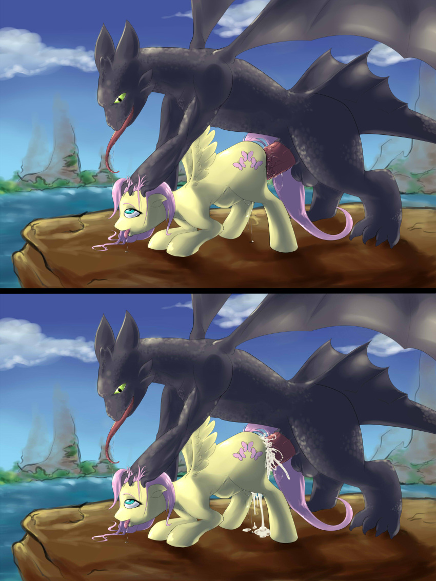 crossover dragon dreamworks feral feral_on_feral fluffins fluttershy_(mlp) friendship_is_magic hasbro how_to_train_your_dragon my_little_pony paramount_pictures smooth_skin toothless