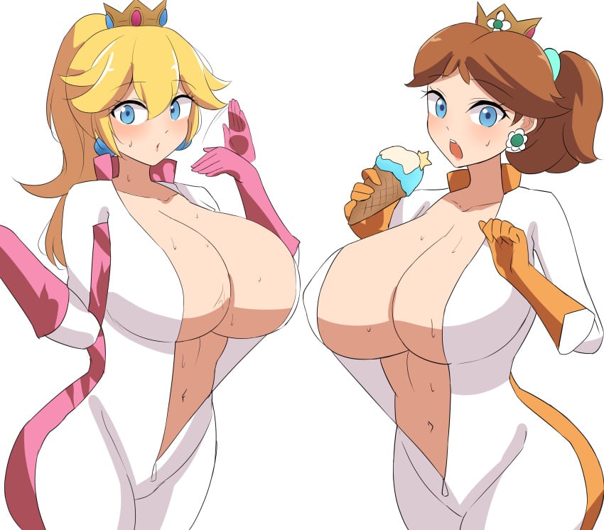 2girls big_breasts blonde_hair blue_eyes breasts brown_hair clothing crown duo ear_piercing female female_only gigantic_breasts human human_only large_breasts light-skinned_female light_skin looking_at_viewer mammal mario_(series) mario_kart mistynight nintendo princess princess_daisy princess_peach royalty unzipped
