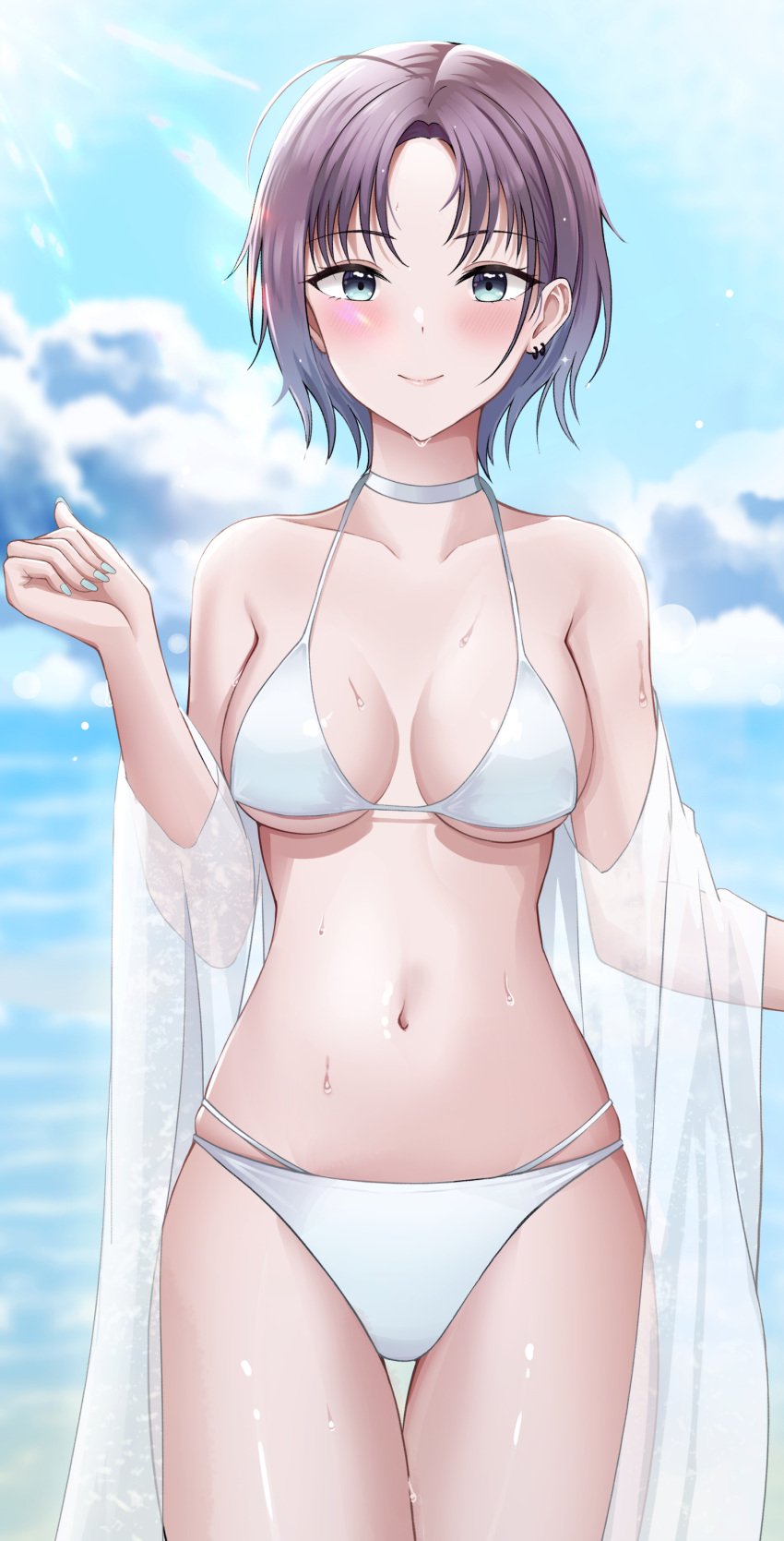 ahoge bare_arms bare_belly bare_legs bare_shoulders bare_thighs belly_button bikini blue_eyes blue_nails blush breasts choker cleavage closed_mouth collarbone earrings gradient_hair idolmaster idolmaster_shiny_colors medium_breasts multicolored_hair nail_polish off_shoulder outdoors purple_hair see-through_clothing short_hair smile thigh_gap thighs tio_(005) underboob wet_body wet_hair white_bikini