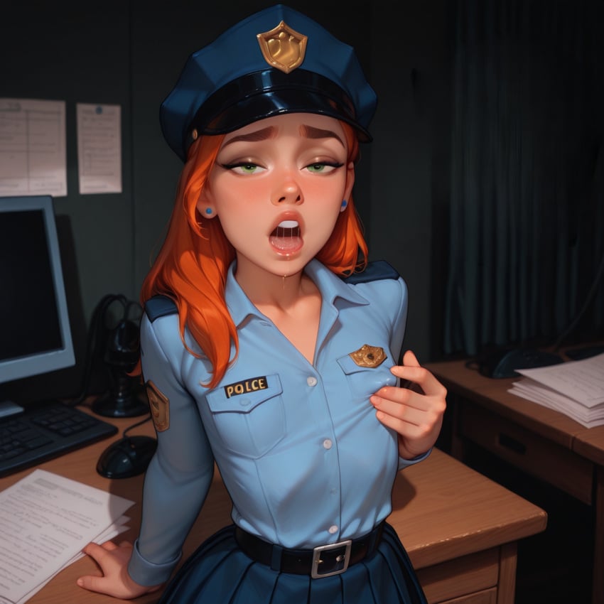 adult ai_generated eraofsin flat_chest green_eyes gwen_tennyson long_hair police_uniform red_hair skirt small_breasts smaller_female through_clothes touching_nipples