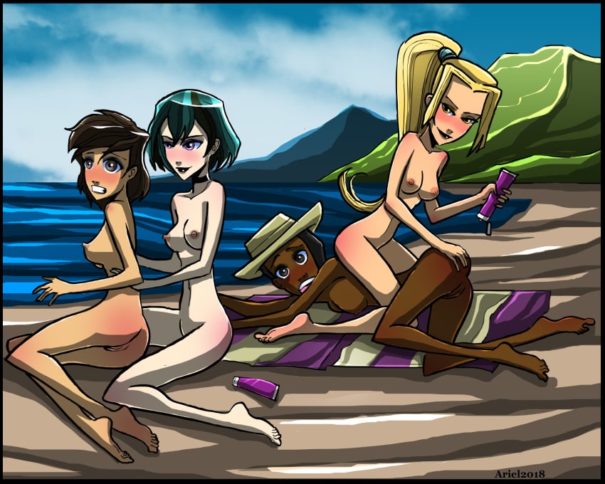 4girls aroberts ass beach blonde_hair breasts bridgette_(tdi) dark_skin female female_only green_hair gwen_(tdi) hat imminent_death jasmine_(tdi) killer_lotion lotion massage multiple_girls murder nipples nude peril pussy sky sky_(tdi) sunbathing sunscreen total_drama:_pahkitew_island total_drama_island towel