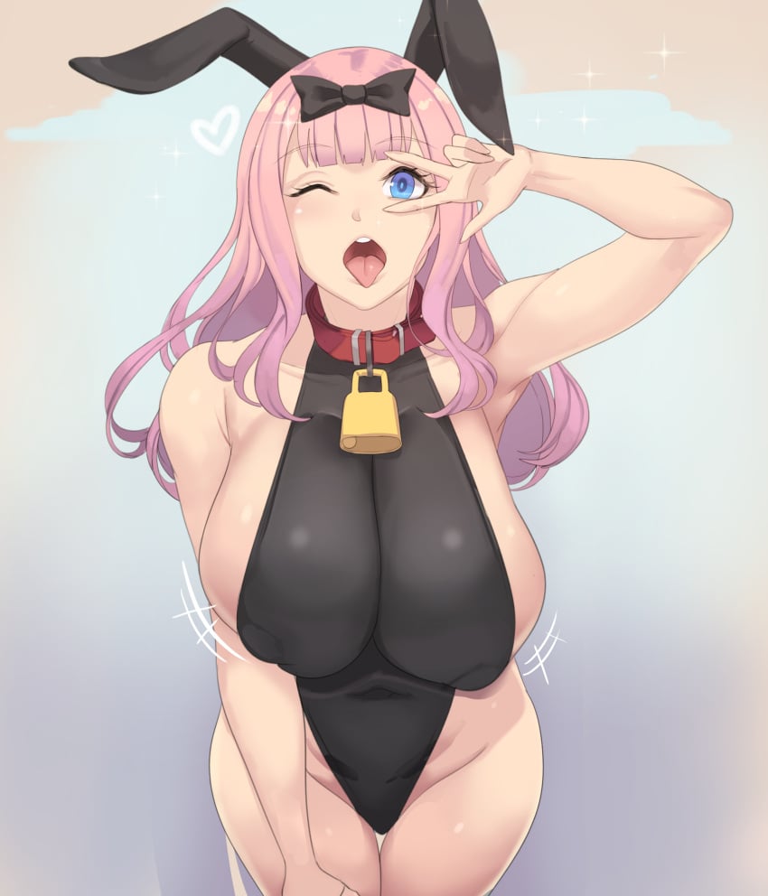 barely_clothed barely_contained blowjob_gesture boobs breast_focus breasts bulging_breasts bunny_ears bunny_girl bunny_suit bunnysuit collar collar_lock collared erect_nipples fujiwara_chika huge_breasts imminent_oral imminent_sex large_breasts locked metal_owl mouth_open nipples_visible_through_clothing playboy_bunny posing posing_for_the_viewer tagme tits titties