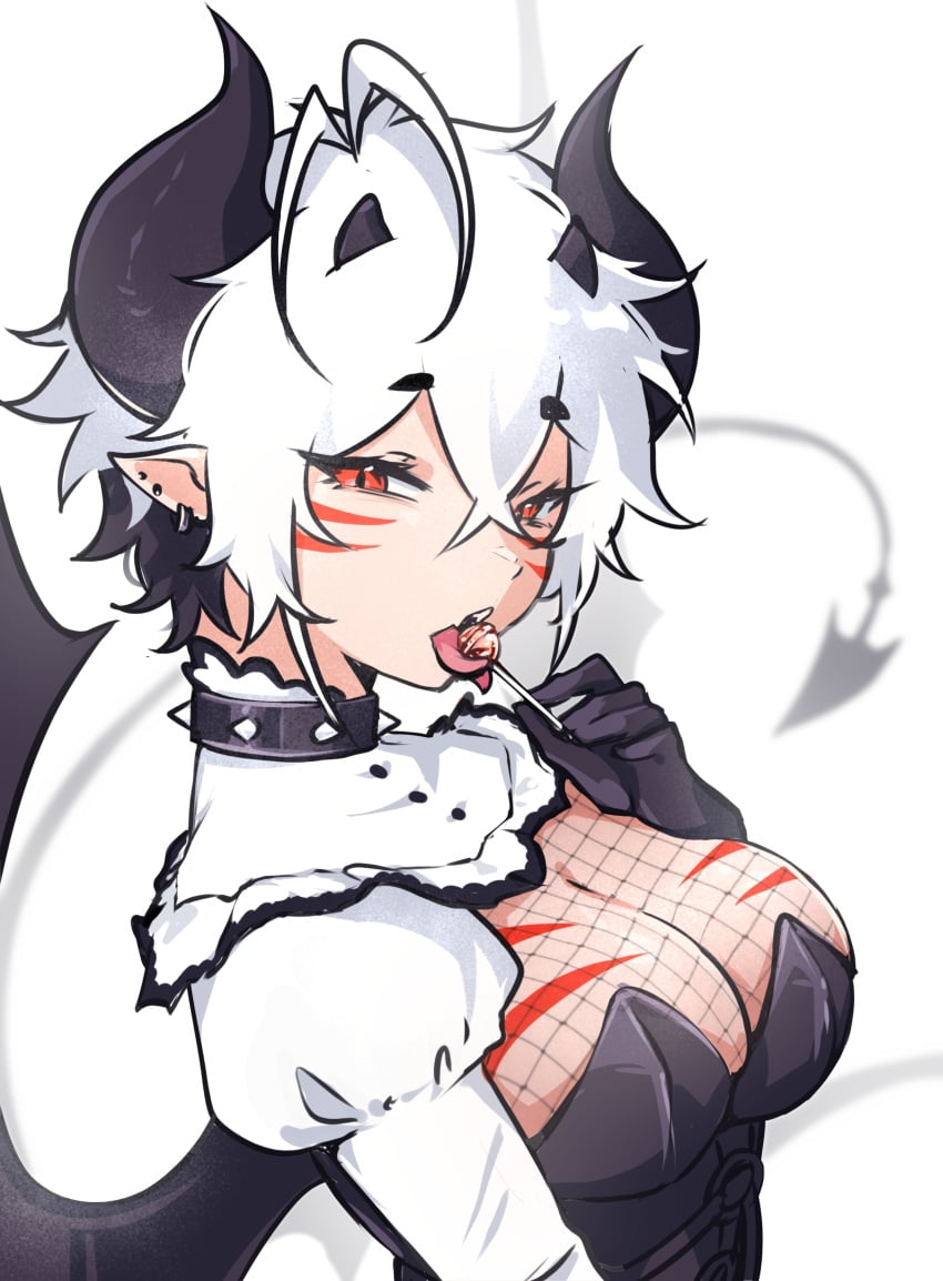 big_breasts blaire_rune blairevt breasts clothed clothing collar demon demon_girl demon_horns demon_tail demon_wings devil devil_horns devil_tail devil_wings earrings fully_clothed large_breasts licking licking_lollipop lollipop looking_at_viewer maid maid_headdress maid_uniform red_eyes seductive seductive_eyes seductive_gaze seductive_look shaded shadow short_hair spiked_collar suggestive suggestive_look tongue tongue_out white_hair