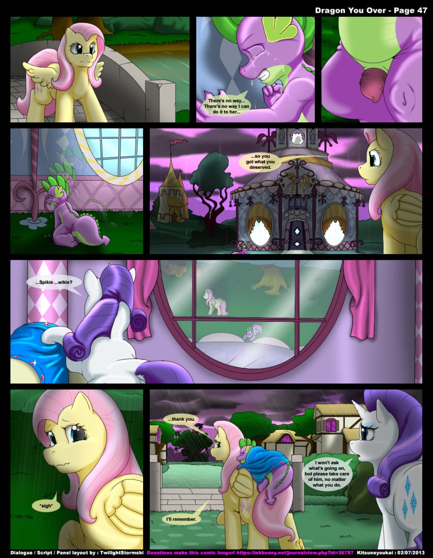 2013 blue_eyes comic crying cutie_mark dialog dragon_you_over_(kitsune_youkai) english_text equine female feral flaccid fluttershy_(mlp) friendship_is_magic group hair horse kitsune_youkai male my_little_pony page_47 pegasus penis pink_hair pony purple_hair raining rarity_(mlp) sleeping spike_(mlp) tear text wings yellow_fur