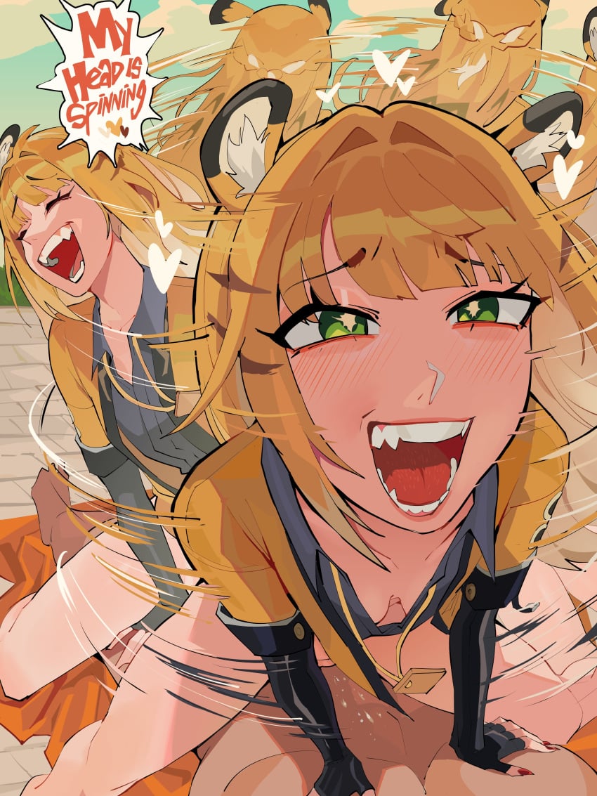1boy 1boy1girl 1girls 2d 2d_(artwork) blush_lines cowgirl_position diforland english_text female funny implied_penetration ju_fufu ju_fufu_(zenless_zone_zero) light-skinned_female light-skinned_male light_skin male motion_blur on_top_of_another spinning spinning_on_penis straight straight_sex text unseen_male_face yellow_hair yellow_hair_female zenless_zone_zero