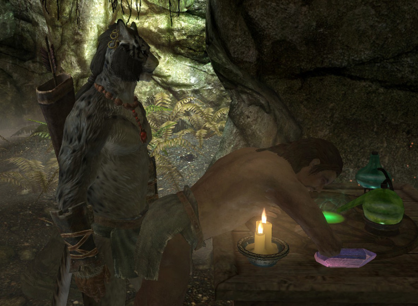 2boys 3d alchemy amulet candles cave feline funny furry gay gloves interspecies khajiit loincloth male male_on_anthro male_only mod nord quiver skyrim soulgem suggestive syberfox tagme the_elder_scrolls video_game yaoi