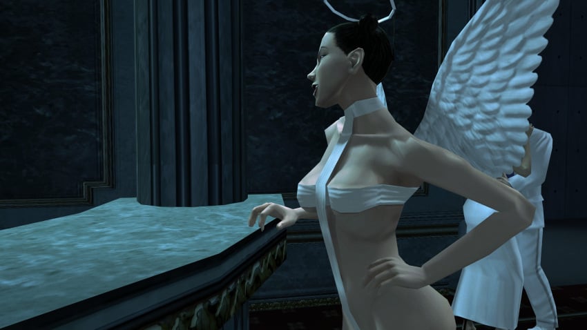 3d angel angel_halo angel_wings big_breasts black_hair bondage bondage_gear bondage_outfit breasts cleavage eve_(hitman_blood_money) female female_focus halo hitman hitman_blood_money huge_breasts io-interactive large_breasts official_art screenshot sling_bikini tied_hair video_games white_skin