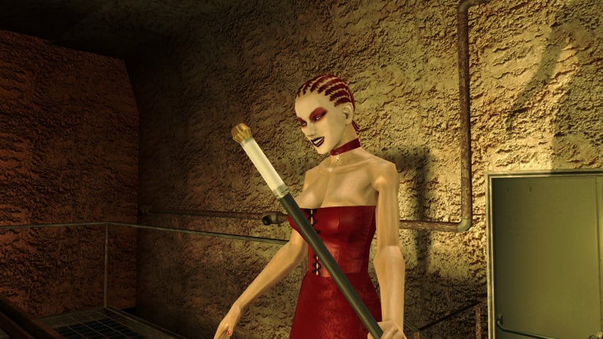 3d big_breasts bondage bondage_gear bondage_outfit breasts cleavage female female_focus hitman hitman_blood_money huge_breasts io-interactive large_breasts official_art red_dress red_hair screenshot vaana_ketlyn video_games white_skin