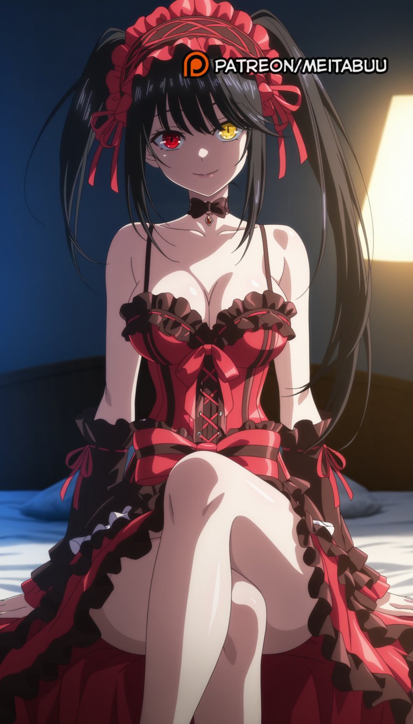 arm_support bare_shoulders bedroom black_choker black_hair bow breasts choker cleavage clock_eyes closed_mouth collarbone crossed_legs detached_sleeves dress dress_bow female frilled_dress frilled_hairband frills gothic_lolita hairband heterochromia indoors lamp large_breasts lolita_fashion lolita_hairband long_hair looking_at_viewer medium_breasts on_bed red_dress red_eyes red_hairband red_ribbon ribbon sitting sleeveless sleeveless_dress smile solo spaghetti_strap symbol-shaped_pupils thighs tokisaki_kurumi twintails uneven_twintails yellow_eyes
