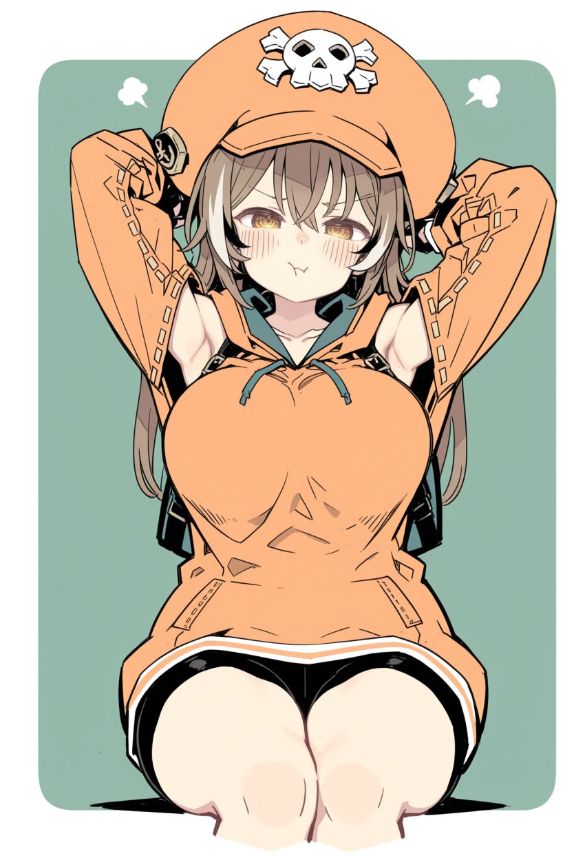 1girls alternate_breast_size armpits bike_shorts brown_hair hat hololive hololive_english huge_breasts large_hat may_(guilty_gear)_(cosplay) nanashi_mumei orange_hat orange_hoodie pirate_hat pout thighs white_hair yellow_eyes