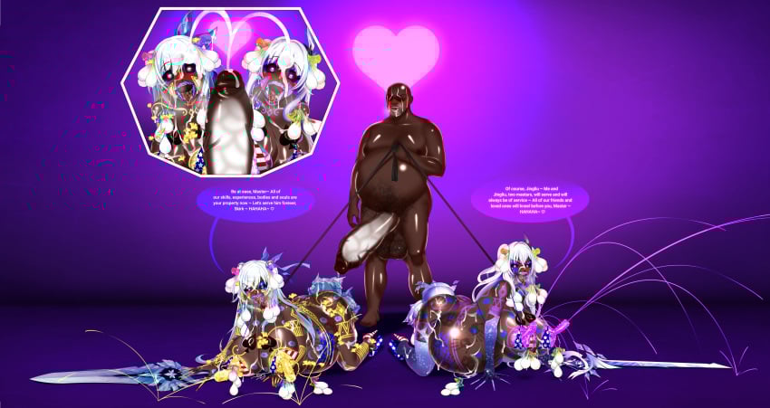corruption dog_collar genshin_impact honkai:_star_rail interracial jingliu_(honkai:_star_rail) leash pet petplay pregnant skirk_(genshin_impact) sofiam sword tanned_skin tattoo