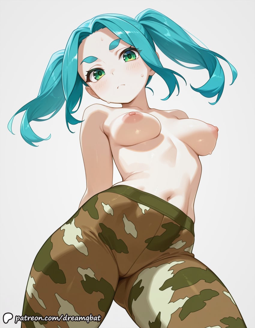ai_generated blush breasts camouflage female green_eyes looking_at_viewer medium_breasts monogatari_(series) navel nipples ononoki_yotsugi simple_background solo topless twintails