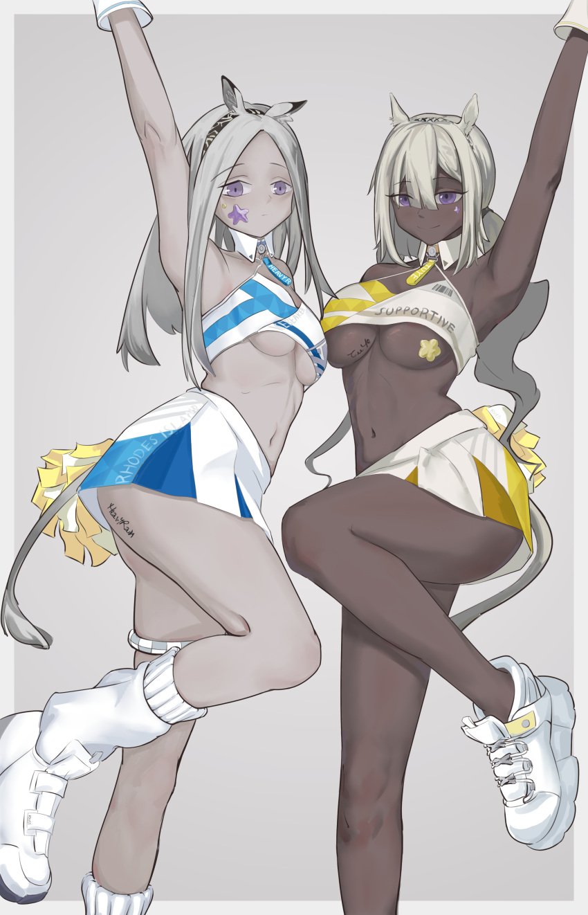 2girls arknights cheerleader_uniform dark_skin female female_only heavyrain_(arknights) horse_girl light_skin rioffi tuye_(arknights) underboob