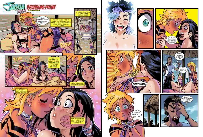 1boy 4girls ass attempted_kiss black_hair blonde_female blonde_hair chin_beard clothed clothed_female comic comic_panel darkereve dialogue ear_piercing ear_piercings earring female green_eyes jagua_tales jagua_tales_(comic) kiara_diaz light-skinned_female male model modeling models monologue outdoors pale-skinned_female pale_skin photographer purple_dress revealing_clothes revealing_clothing revealing_outfit slap slapping sling_bikini slingshot_swimsuit tan-skinned_female tan-skinned_male tania_serrata tattooed_ass tattooed_back tattooed_shoulder tattooed_thigh tattoos yuri