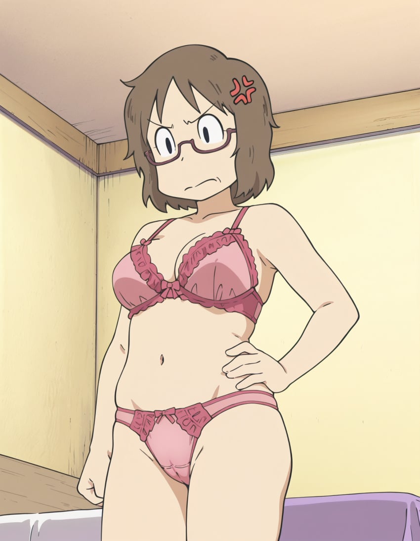 ai_generated aizumanga anger_vein annoyed bed bedroom brown_hair clenched_fist clenched_hand from_below gilf hand_on_hip lingerie milf mother nichijou pink_bra pink_lingerie pink_panties yuuko&#039;s_mother