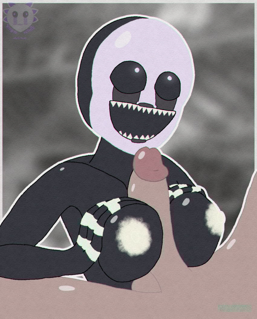 1boy absurd_res artist_name black_skin breasts breasts_squeezed_together colored_skin female five_nights_at_freddy&#039;s five_nights_at_freddy&#039;s_4 hi_res highres large_breasts male mask nightmare_waifu nightmarionne nude open_mouth paizuri penis rogue_(artist) self_upload sharp_teeth smile solo_focus straight teeth uncensored
