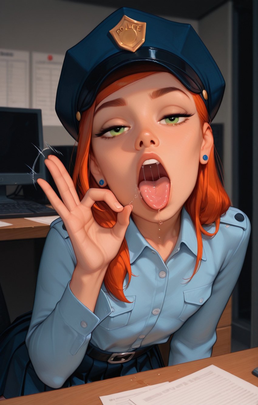 adult ai_generated eraofsin flat_chest green_eyes gwen_tennyson long_hair police_uniform red_hair skirt small_breasts smaller_female