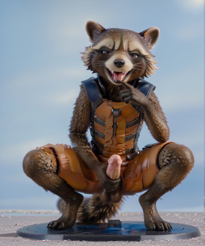 ai_generated balls brown_eyes brown_fur guardians_of_the_galaxy kneeling licking looking_at_viewer male masturbation penis raccoon rocket_raccoon solo trueliamay