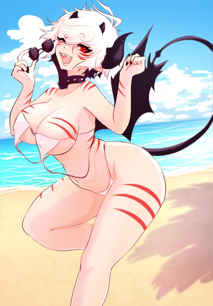 beach big_breasts bikini blaire_rune blairevt breasts collar demon demon_girl demon_horns demon_tail demon_wings devil devil_horns devil_tail fangs hands_up large_breasts leg_up looking_at_viewer loose_bikini open_mouth panties red_eyes seductive seductive_gaze seductive_look seductive_smile short_hair spiked_collar suggestive suggestive_look suggestive_posing sunglasses sunglasses_removed thick thick_thighs thighs waist white_bikini white_hair white_panties wink winking_at_viewer