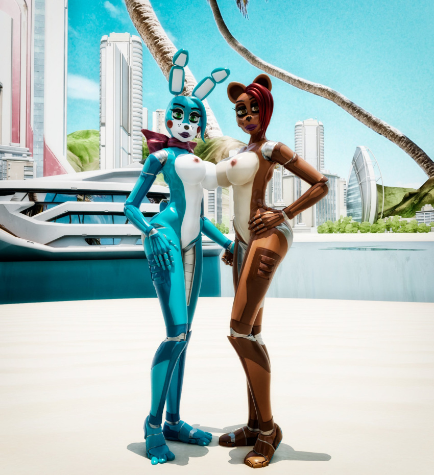 2girls 3d 3d_(artwork) aesthetic blue_body blue_hair breasts brown_body brown_eyes building buildings completely_nude female female_only five_nights_at_freddy's five_nights_at_freddy's_2 frutiger_aero green_eyes hand_on_hip hand_on_leg lipstick looking_at_viewer mound_of_venus nipples nude palm_tree pose posing red_hair ribbon rule_63 skyscraper standing toy_bonnie_(fnaf) toy_freddy_(fnaf) water yacht