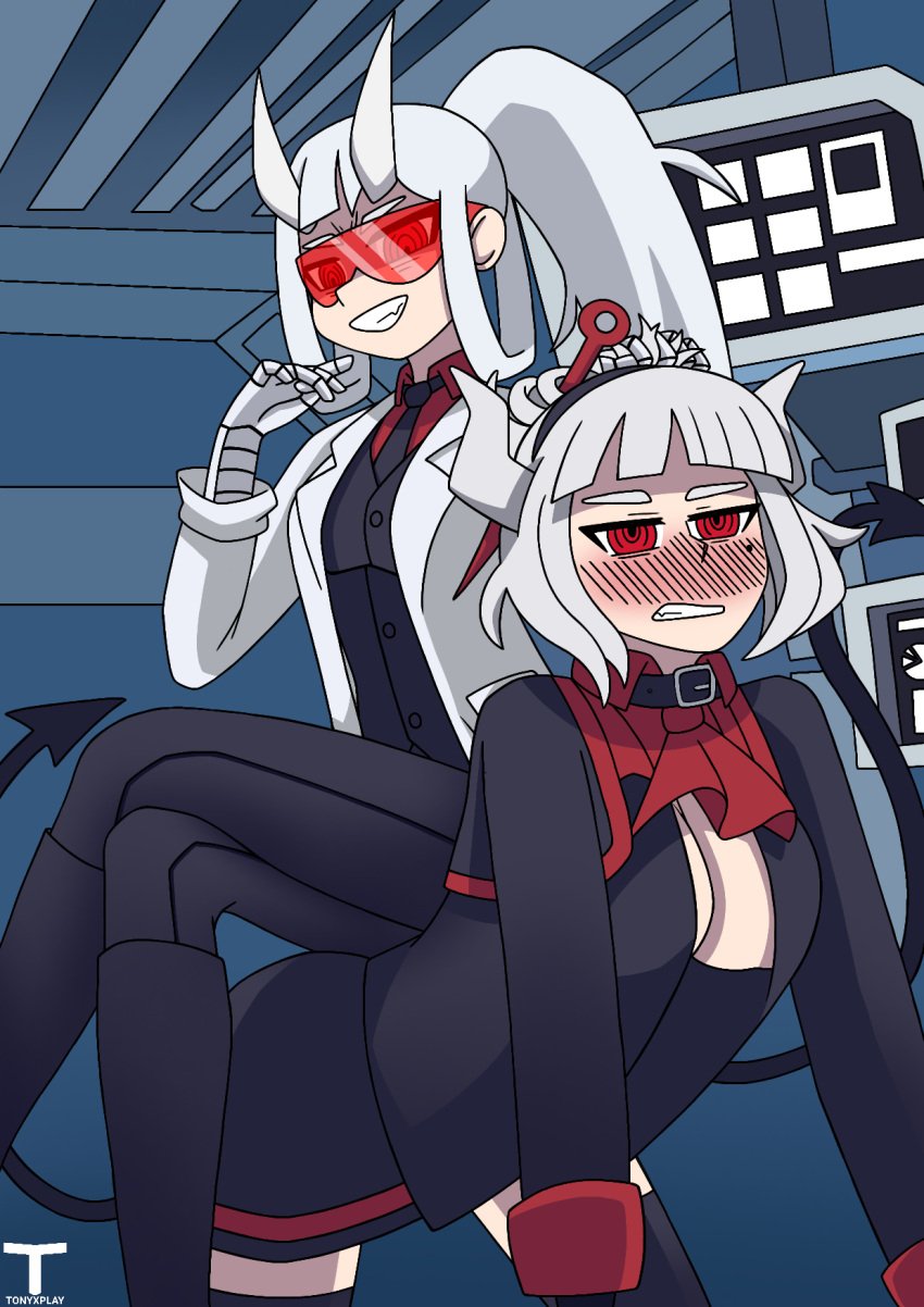 2girls blush blushing_female demon demon_girl demon_horns demon_tail female gown helltaker laboratory_background long_hair loremaster_(helltaker) lucifer_(helltaker) only_female only_jacket red_eyes red_glasses silver_hair sitting_on_person tony_x_play tonyxplay
