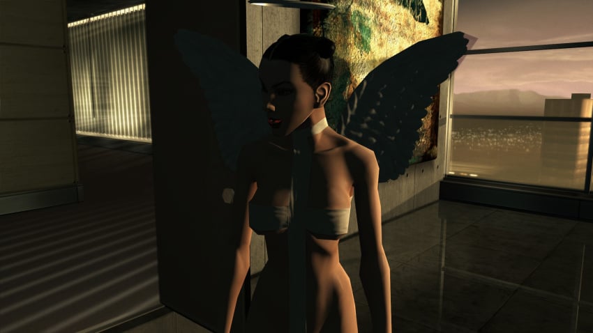 3d angel angel_halo angel_wings big_breasts black_hair bondage bondage_gear bondage_outfit breasts cleavage eve_(hitman_blood_money) female female_focus halo hitman hitman_blood_money huge_breasts io-interactive large_breasts official_art screenshot sling_bikini tied_hair video_games white_skin