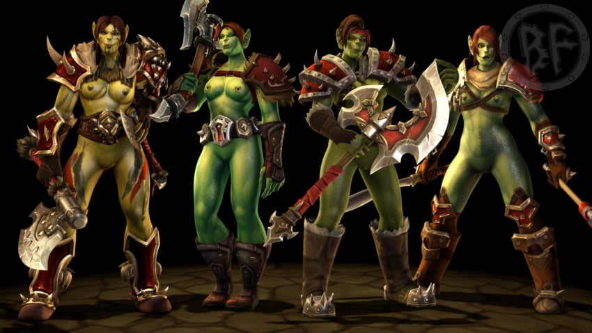2025 3d 3d_(artwork) 4girls artist_logo axe breasts brother_fuzzman brown_hair female_orc green_skin horde_(warcraft) machete nipple_piercing nipples orc orc_female partially_clothed partially_nude tattoos tusks warcraft warpaint weapons world_of_warcraft yellow_eyes