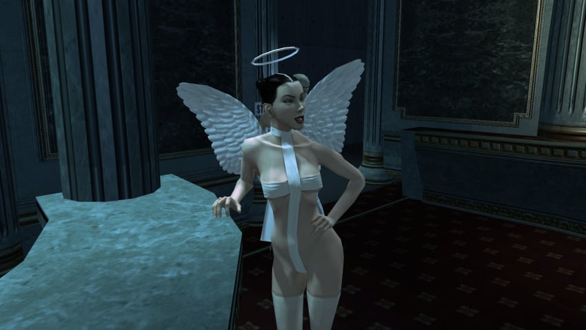 3d angel angel_halo angel_wings big_breasts black_hair bondage bondage_gear bondage_outfit breasts cleavage eve_(hitman_blood_money) female female_focus halo hitman hitman_blood_money huge_breasts io-interactive large_breasts official_art screenshot sling_bikini tied_hair video_games white_skin