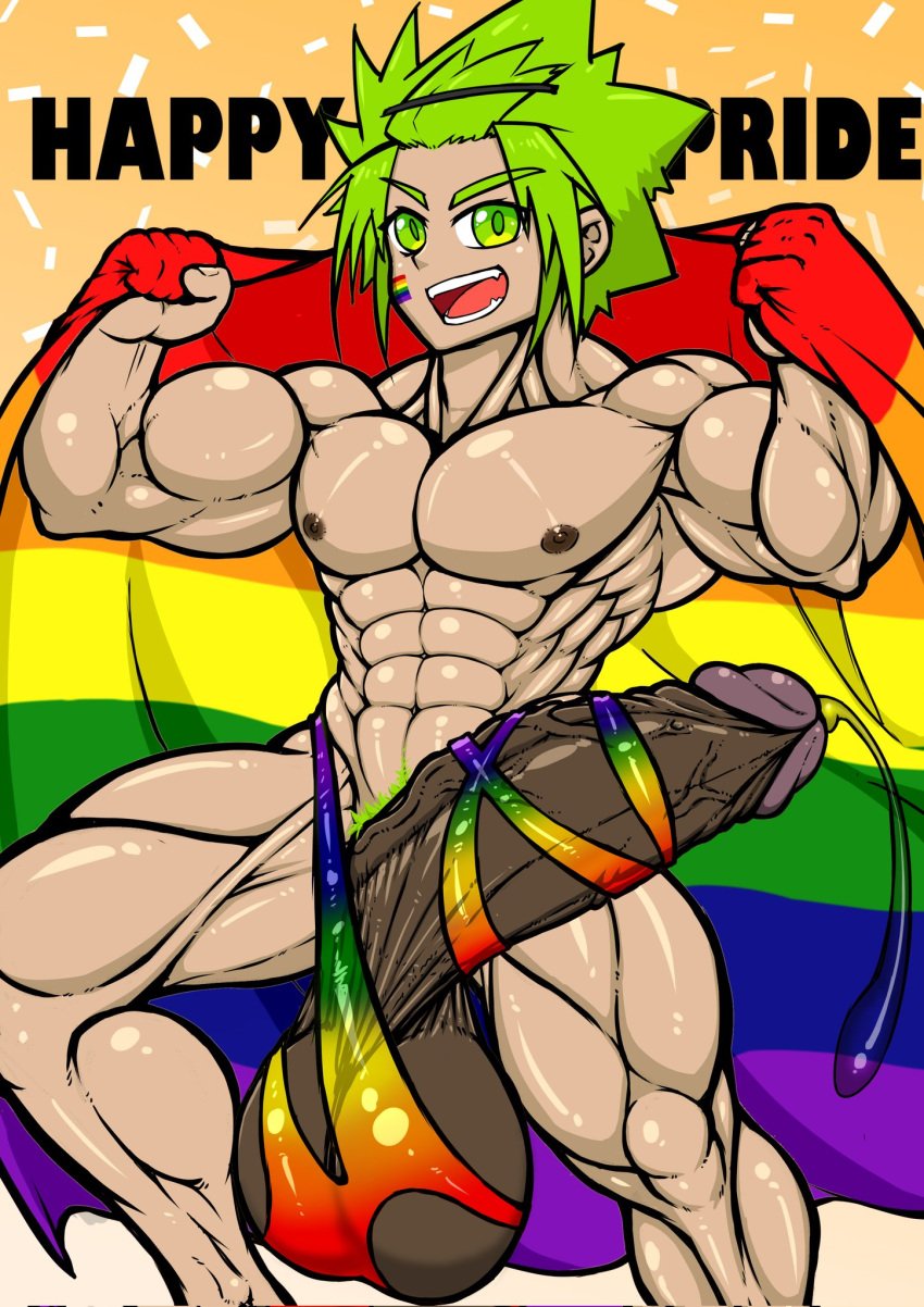 big_balls big_penis darker_balls darker_penis english_text flag flag_(object) gay green_eyes green_hair green_hair_male holding_flag holding_object lgbt_pride lgbt_pride_colors lgbt_pride_month lgbtq+ looking_at_viewer low_hanging_balls male massive_balls massive_penis muscular muscular_male oc original_character precum precum_drip precum_string pride_color_flag pride_colors pride_flag pride_month purple_glans rainbow_pride_colors rainbow_print ribbon ribboned_body smile smiling smiling_at_viewer veiny veiny_penis zeignal