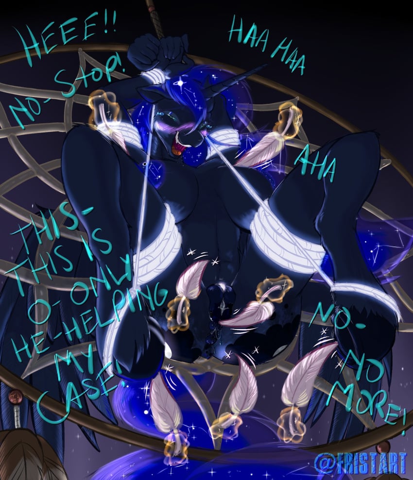 alicorn anthro anthrofied arms_above_head big_breasts blush bodily_fluids bondage bondage bound breasts catcher clitoris closed_eyes crying_laughing dialogue dreamcatcher embarrassed english_text equid equine feathers female friendship_is_magic frist44 frogtied genital_fluids genitals glowing glowing_genitalia hasbro hi_res horn laugh legs_tied looking_at_viewer mammal my_little_pony mythological_creature mythological_equine mythology navel nipples princess princess_luna_(mlp) restrained royalty scrunchy_face solo spread_legs spreading suspension tears text tickle_torture tickling tickling_armpits tickling_breasts tickling_genitalia tickling_pussy tickling_thighs vaginal_fluids vulva wings