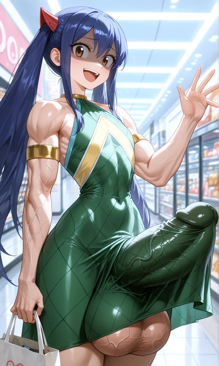 1futa abs ai_generated alternate_muscle_size amodor arm_at_side armlet armpits balls blue_hair broad_shoulders brown_eyes clenched_hand close-up clothes_lift cock covered_abs dickgirl erection erection_under_clothes erection_under_clothing excited fairy_tail female flat_chest futadom futanari gold_armlet green_dress hair_ornament happy holding_bag huge_balls huge_cock huge_testicles indoors intersex long_hair looking_at_viewer mall muscles muscular muscular_female narrow_waist open_mouth penis penis_under_clothes shaded_face shopping shopping_bag skin_tight solo testicles twintails uncensored veins veiny_penis veiny_testicles waving waving_at_viewer wendy_marvell