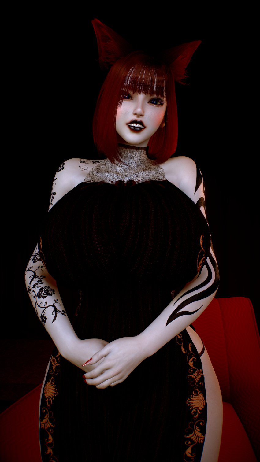 1girls 3d 4k big_breasts black_hair black_lipstick blacked blue_eyes breasts breasts_bigger_than_head cat_ears cat_girl catgirl crashbanditkut dress eyelashes eyeshadow female female_focus freckles freckles_on_face hair hi_res high_resolution highres light-skinned_female light_skin lips long_eyelashes looking_at_viewer makeup medium_hair multicolored_hair nail_polish nails original original_character qos qos_tattoo queen_of_spades queen_of_spades_symbol queen_of_spades_tattoo red_hair solo spade_tattoo tattoo tattoos thick thick_thighs thighs virt-a-mate virtamate