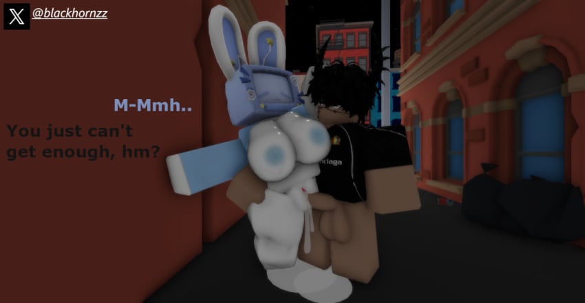 1boy 1girls 3d against_wall alley alleyway antenna_wire antennae antennae_(anatomy) areola areolae big_balls big_breasts big_cock big_penis black_hair blackhornzz blue_clothing breasts bunny_ears cum cum_drip cum_dripping cum_dripping_out_of_pussy cum_in_pussy cum_inside cum_pool female half-dressed half_naked horns interspecies male roblox roblox_avatar robloxian screen screen_face silvy_(silvythetvbunny) standing standing_on_one_leg standing_sex thick_thighs tv_head twitter_username vaginal_penetration