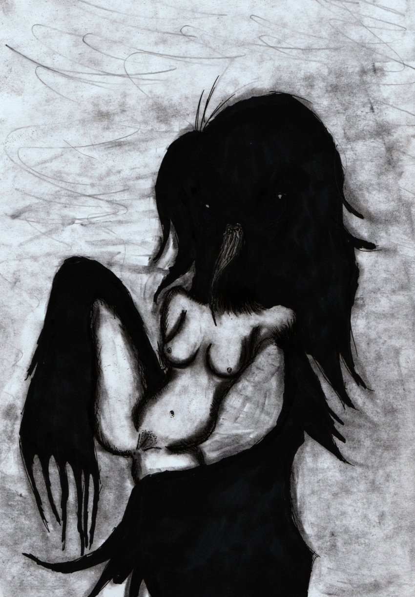 absurd_res anthro avian bilemirth bird corvid corvus_(genus) crow female genitals hi_res monochrome oscine passerine pussy raven solo spread_legs spreading traditional_media_(artwork) unhappy893 vulva