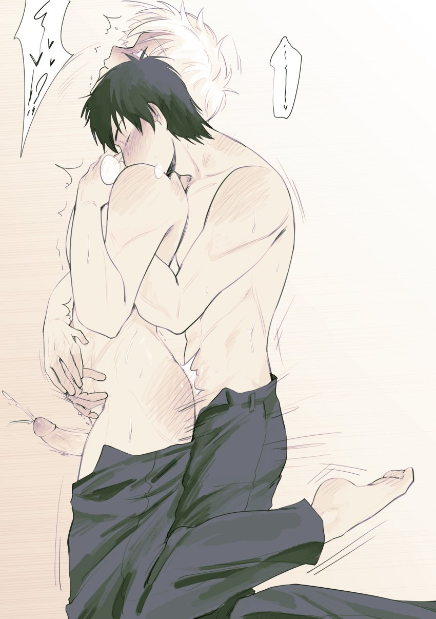 2boys anal anal_sex barefoot blush breath cum ejaculation erection from_behind gay gintama gintoki_sakata hand_on_another's_stomach head_back hijikata_toshiro kneeling male male_only motion_lines pants_down penis sweat topless uncensored yaoi
