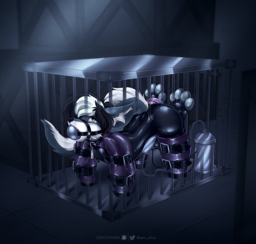 anthro arms_tied ball_gag bitchsuit black_bodysuit black_clothing black_latex black_skinsuit bodysuit bondage bondage bondage_gear bound cage canid canine canis captured chicken-wing_tied clothing collar dice_(diceworks) digital_drawing_(artwork) digital_media_(artwork) feet frogtied gag gagged genitals hair hi_res latex latex_bodysuit latex_clothing latex_skinsuit legs_tied male mammal pawpads paws penile penis_milking restraints rubber_clothing skinsuit slave solo submissive tail tight_clothing warehouse wolf zerofenrir
