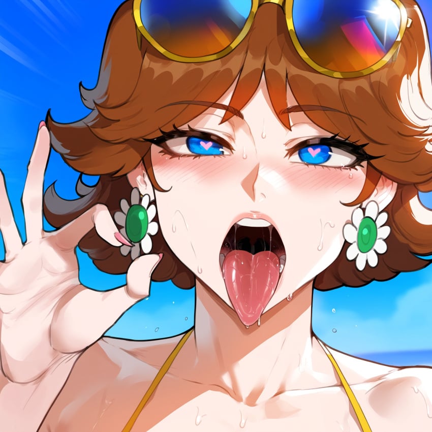 1girls ai_generated ass big_breasts bikini blue_eyes breasts brown_hair fellatio_gesture female female_focus heart-shaped_pupils hips huge_ass huge_breasts juuicyai large_breasts light-skinned_female mario_(series) open_mouth princess princess_daisy sunglasses thick_thighs thighs tongue tongue_out wide_hips