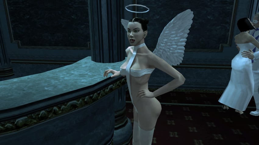 3d angel angel_halo angel_wings big_breasts black_hair bondage bondage_gear bondage_outfit breasts cleavage eve_(hitman_blood_money) female female_focus halo hitman hitman_blood_money huge_breasts io-interactive large_breasts official_art screenshot sling_bikini tied_hair video_games white_skin
