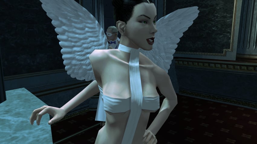 3d angel angel_halo angel_wings big_breasts black_hair bondage bondage_gear bondage_outfit breasts cleavage eve_(hitman_blood_money) female female_focus halo hitman hitman_blood_money huge_breasts io-interactive large_breasts official_art screenshot sling_bikini tied_hair video_games white_skin