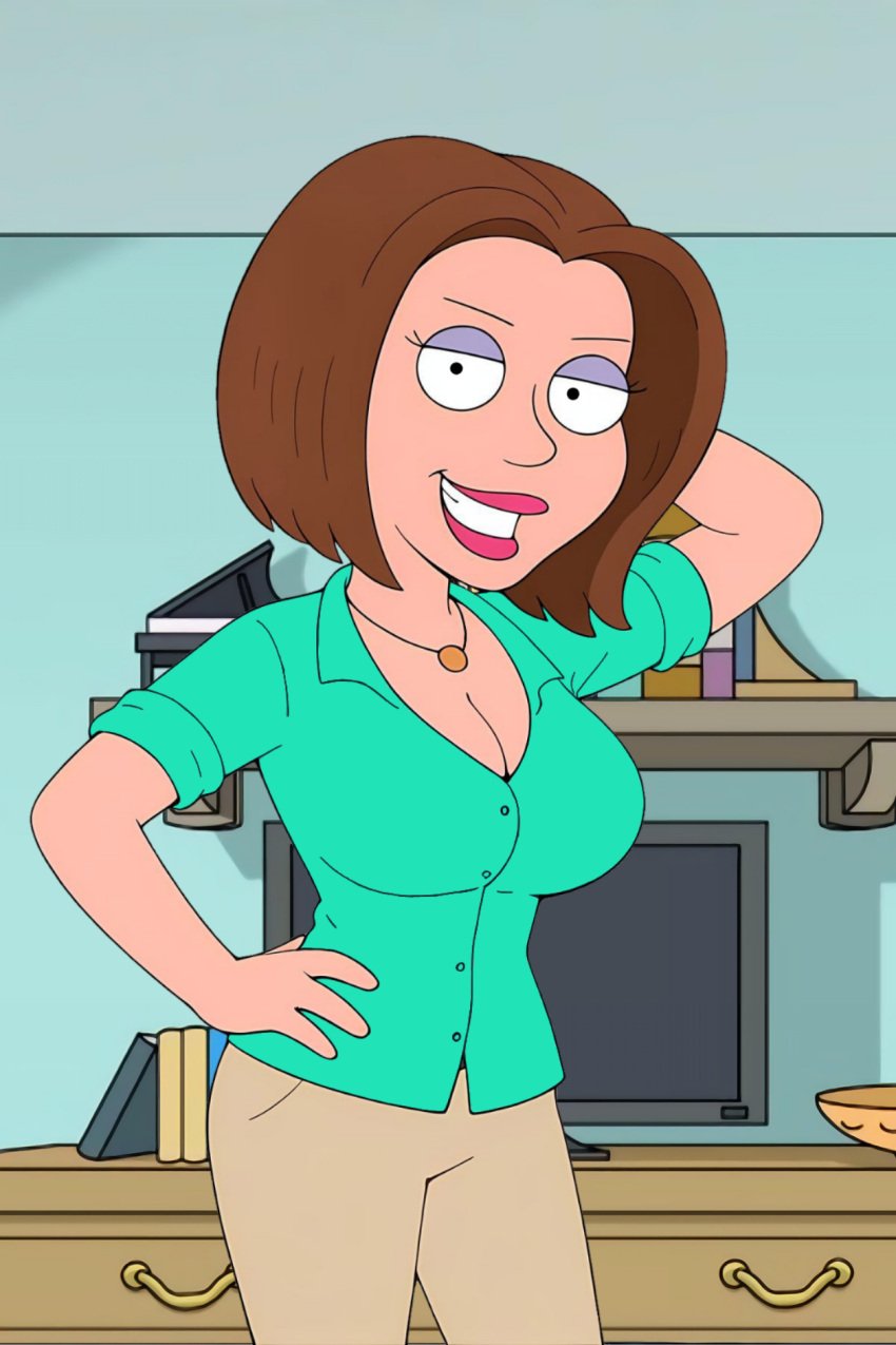 beige_pants big_breasts brown_hair family_guy gretchen_mercer posing_for_picture posing_for_the_viewer turquoise_shirt