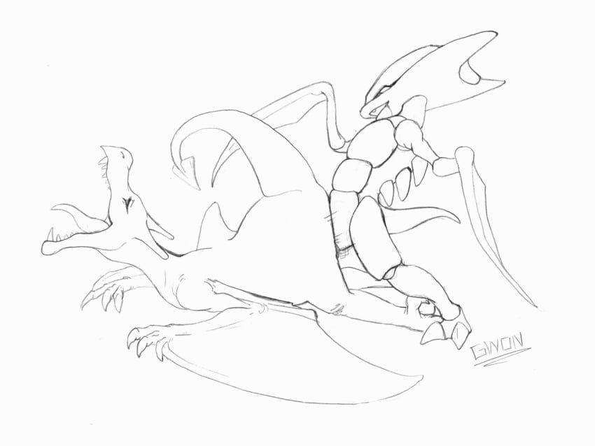 1boy 1girls aerodactyl female feral gwon interspecies kabutops male monochrome nintendo nude pokemon sex side_view source_request straight tagme text wings year_request