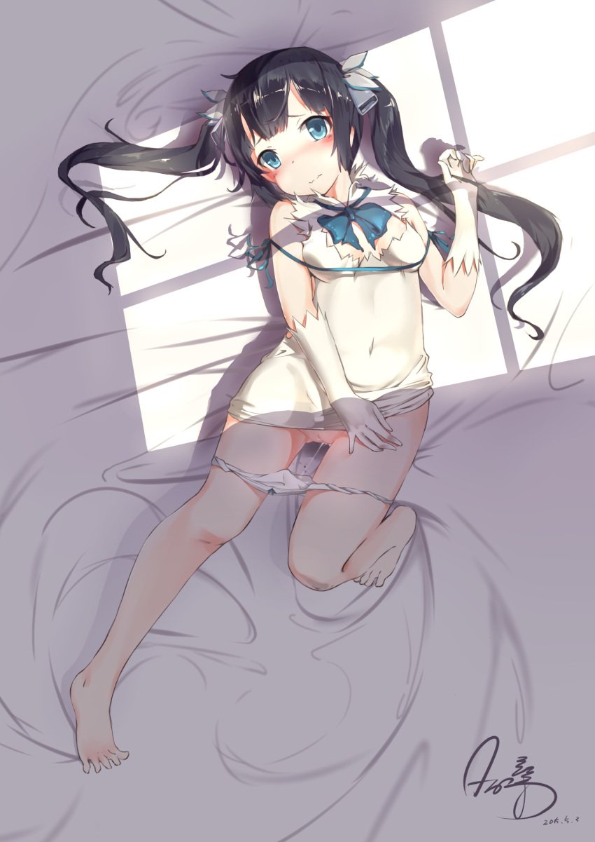 barefoot bed bed_sheet black_hair blue_eyes blush breasts covered_navel dress dungeon_ni_deai_wo_motomeru_no_wa_machigatteiru_darou_ka feet female gloves hair_ornament hair_ribbon hestia_(danmachi) knee_up legs long_hair lying on_back panties panty_pull pussy pussy_juice rei_no_himo ribbon short_dress shy solo thighs tied_hair toes twintails uncensored wavy_mouth white_dress white_gloves zhongye_yu