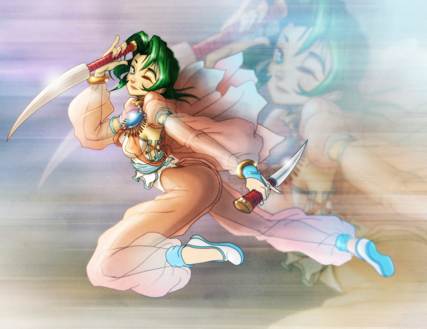 1girls battle_arena_toshinden clothed clothing ellis_(battle_arena_toshinden) female female_only green_hair knife looking_at_viewer running see-through see-through_clothing short_hair smile solo weapon