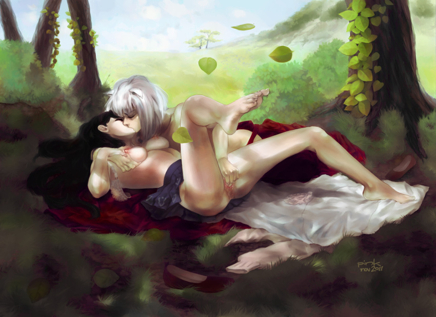 animal_ears artist_name barefoot black_hair blouse bra breast_grab breasts clothes_aside clothes_removed couple dated dog_ears feet female fingering forest higurashi_kagome husband_and_wife inuyasha inuyasha_(character) kagome_higurashi kissing leaf legs_apart long_hair meadow nipples outdoors outside panties pinku pussy robe shoes silver_hair skirt soles straight toe-point toes tree uncensored underwear undressing