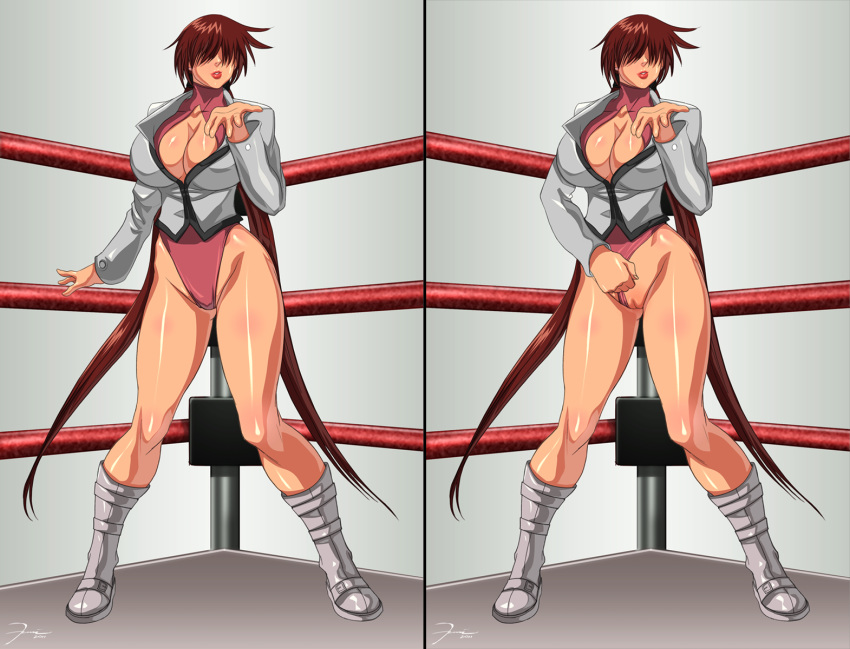 boots breasts brown_hair cleavage cleavage_cutout darkeyez07 female female_only highres huge_breasts human jacket king_of_fighters leotard leotard_aside lipstick long_hair makeup pussy shermie_(kof) signature snk solo tied_hair twintails very_long_hair wrestling_ring